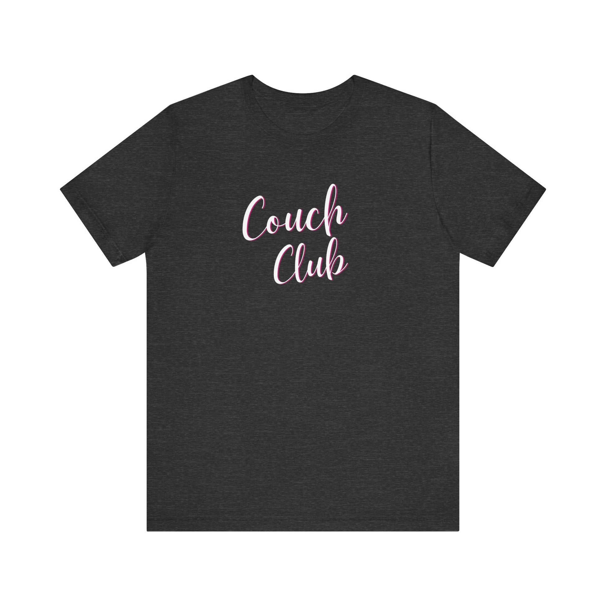 A dark heather gray crewneck t-shirt featuring the words 'Couch Club' printed in a pink cursive font across the chest, displayed on a solid white background.