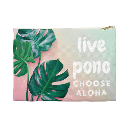 Flat zip pouch featuring a pink and mint monstera design with the words "Live Pono, Choose Aloha" by Global Village Kailua.