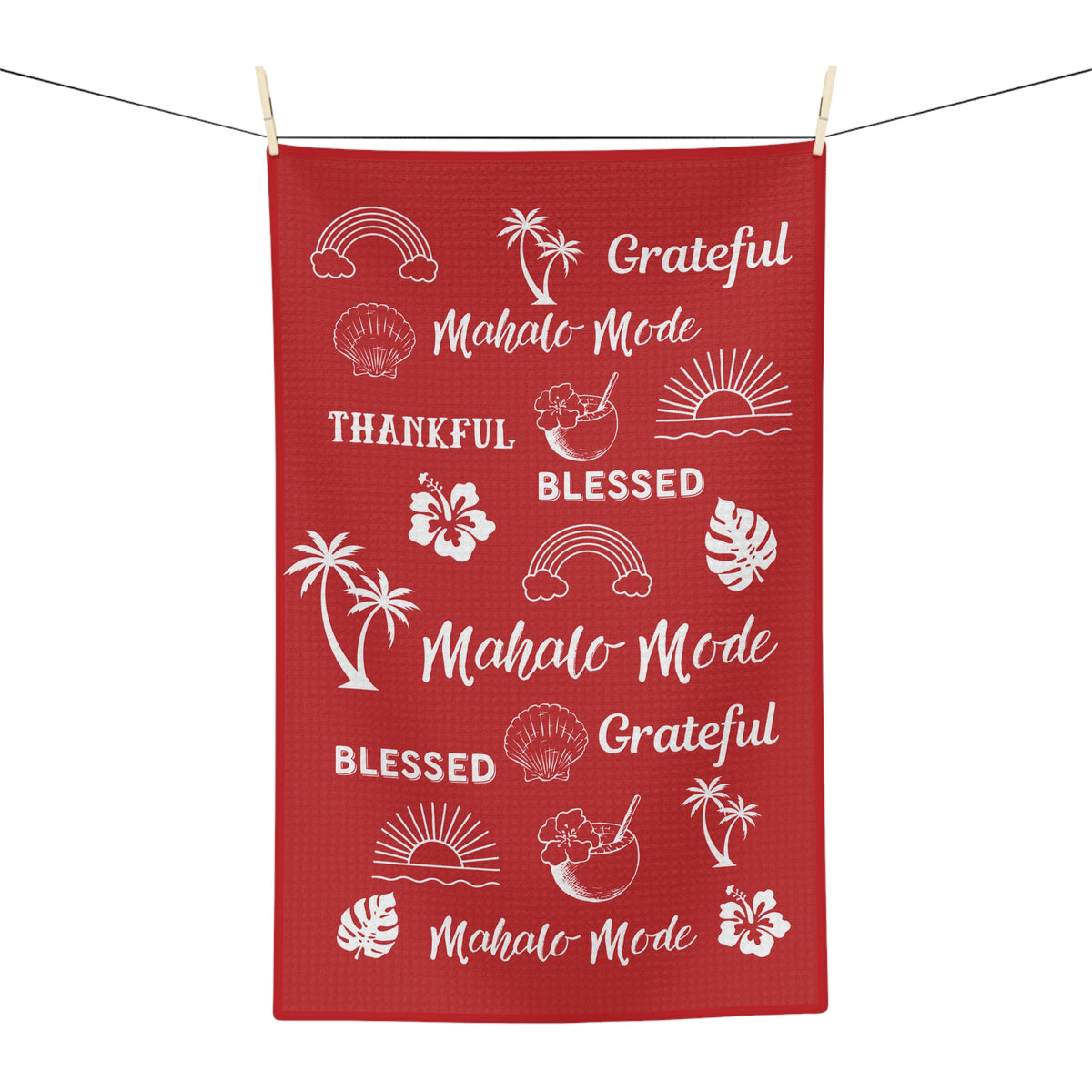 Red Mahalo Mode kitchen towel with thankful grateful blessed and tropical island motifs