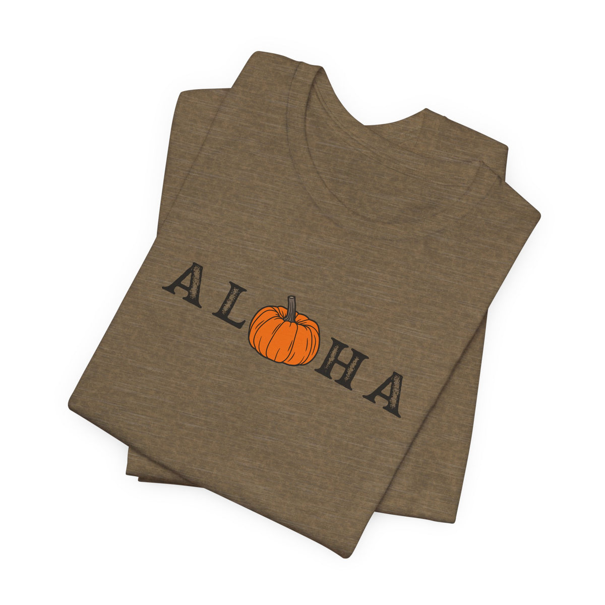 A folded heather brown t-shirt featuring the word 'ALOHA' printed in black, with the letter 'O' replaced by an orange pumpkin graphic, shown on a plain white background.