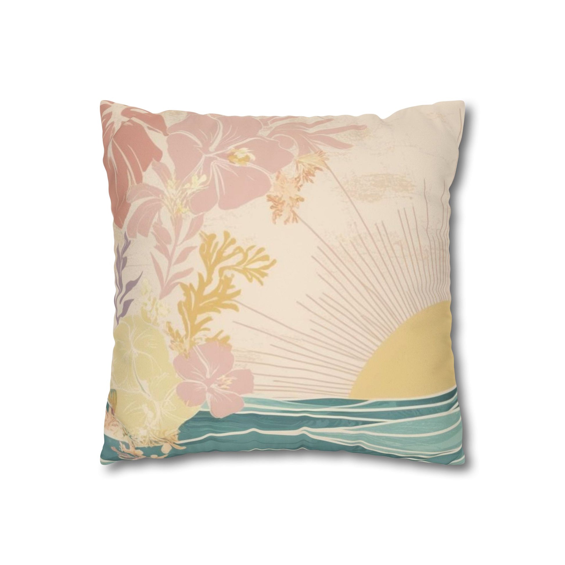 A square decorative throw pillow featuring a retro-style tropical sunset and floral print in soft pink, beige, yellow, and teal blue.