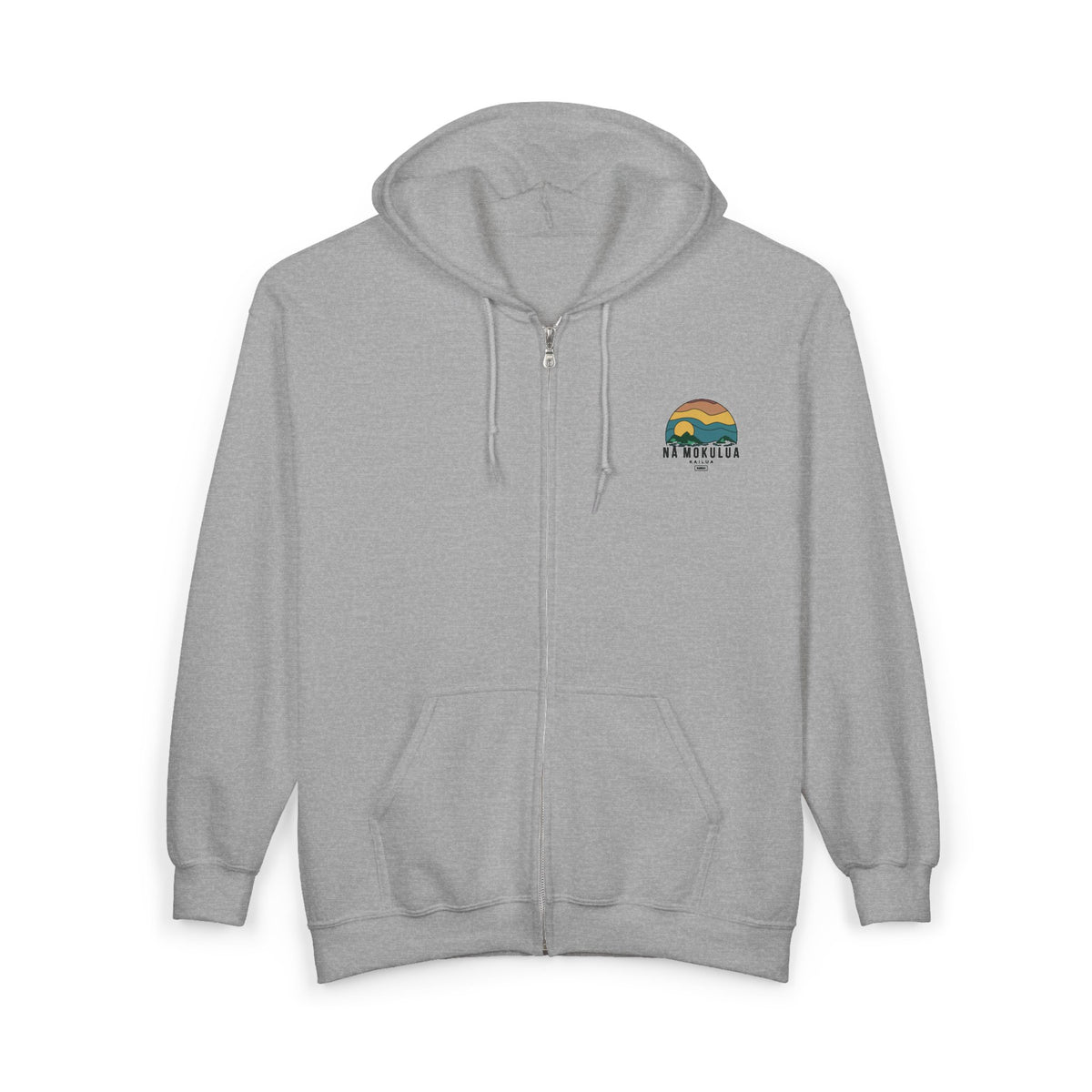 Nā Mokulua Kailua grey zip hoodie with small retro island sunset graphic on left chest