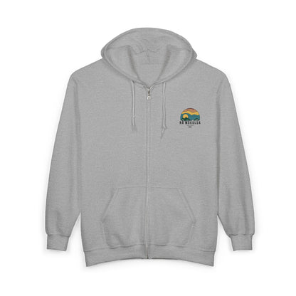 Nā Mokulua Kailua grey zip hoodie with small retro island sunset graphic on left chest