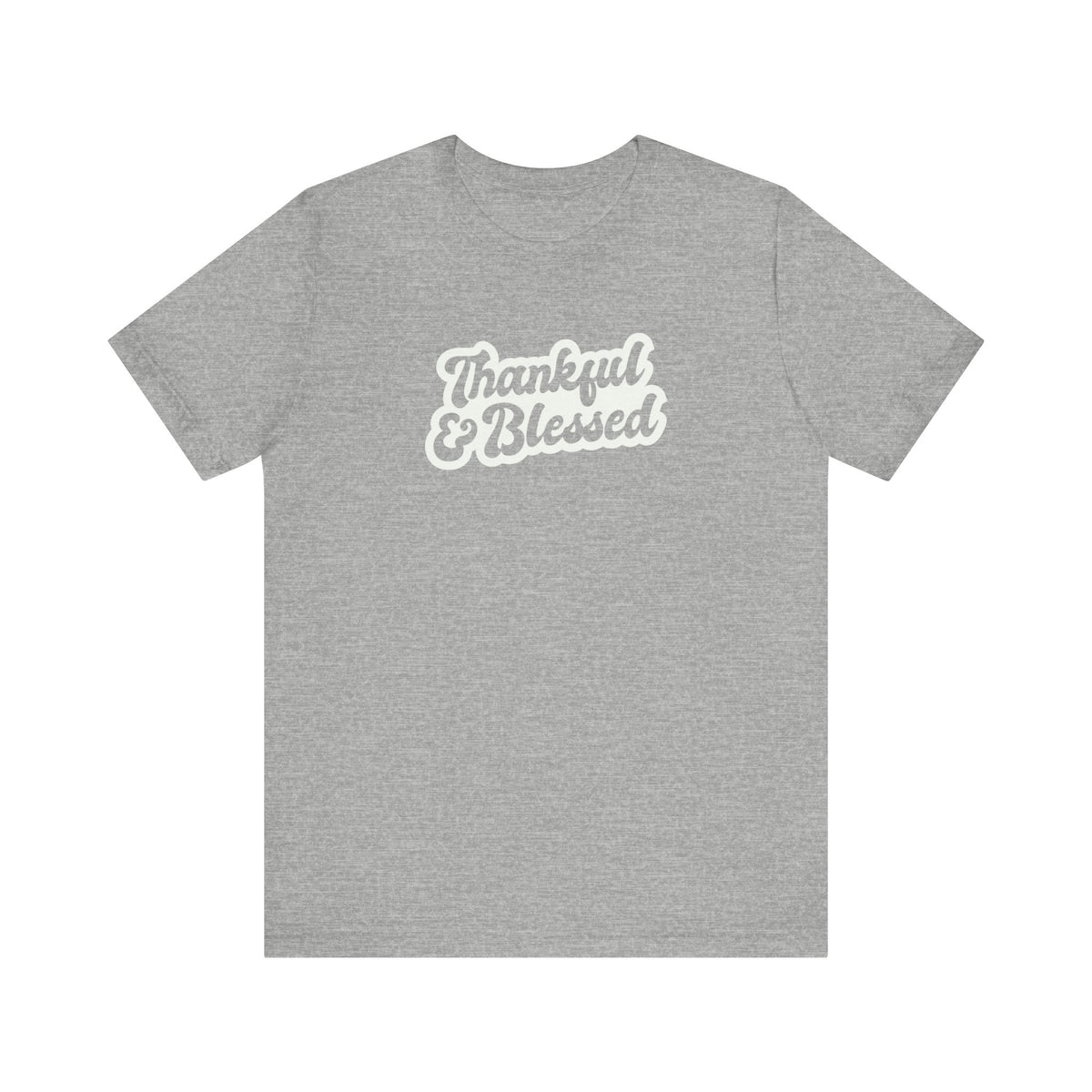 An athletic grey short-sleeve t-shirt with a white graphic text print reading 'Thankful & Blessed' on the chest, displayed against a solid white background.