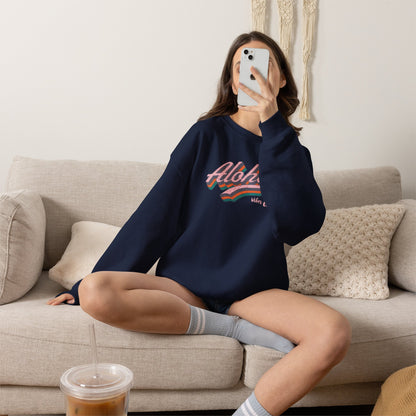 Aloha Vibes Only retro graphic crewneck sweatshirt featuring colorful vintage-inspired aloha lettering.