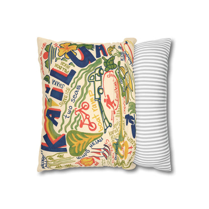 Decorative faux suede throw pillow cover featuring an original hand-drawn illustration of Kailua, Hawaii landmarks, beaches, surfing, paddling, turtles, and island icons.