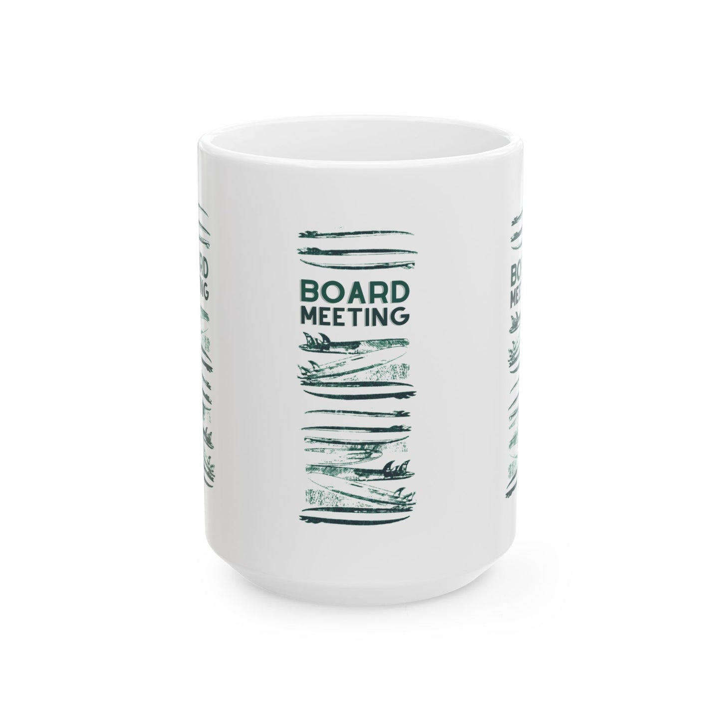 A white ceramic mug featuring a dark green graphic design with the text 'BOARD MEETING' above a vertical stack of illustrated board meetings, shown on a clean white background.