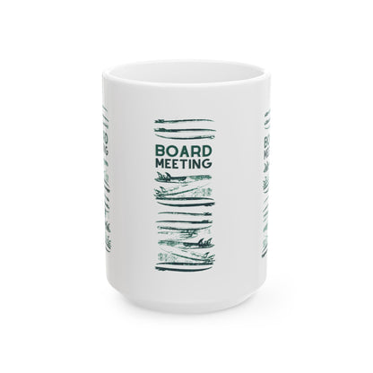 A white ceramic mug featuring a dark green graphic design with the text 'BOARD MEETING' above a vertical stack of illustrated board meetings, shown on a clean white background.