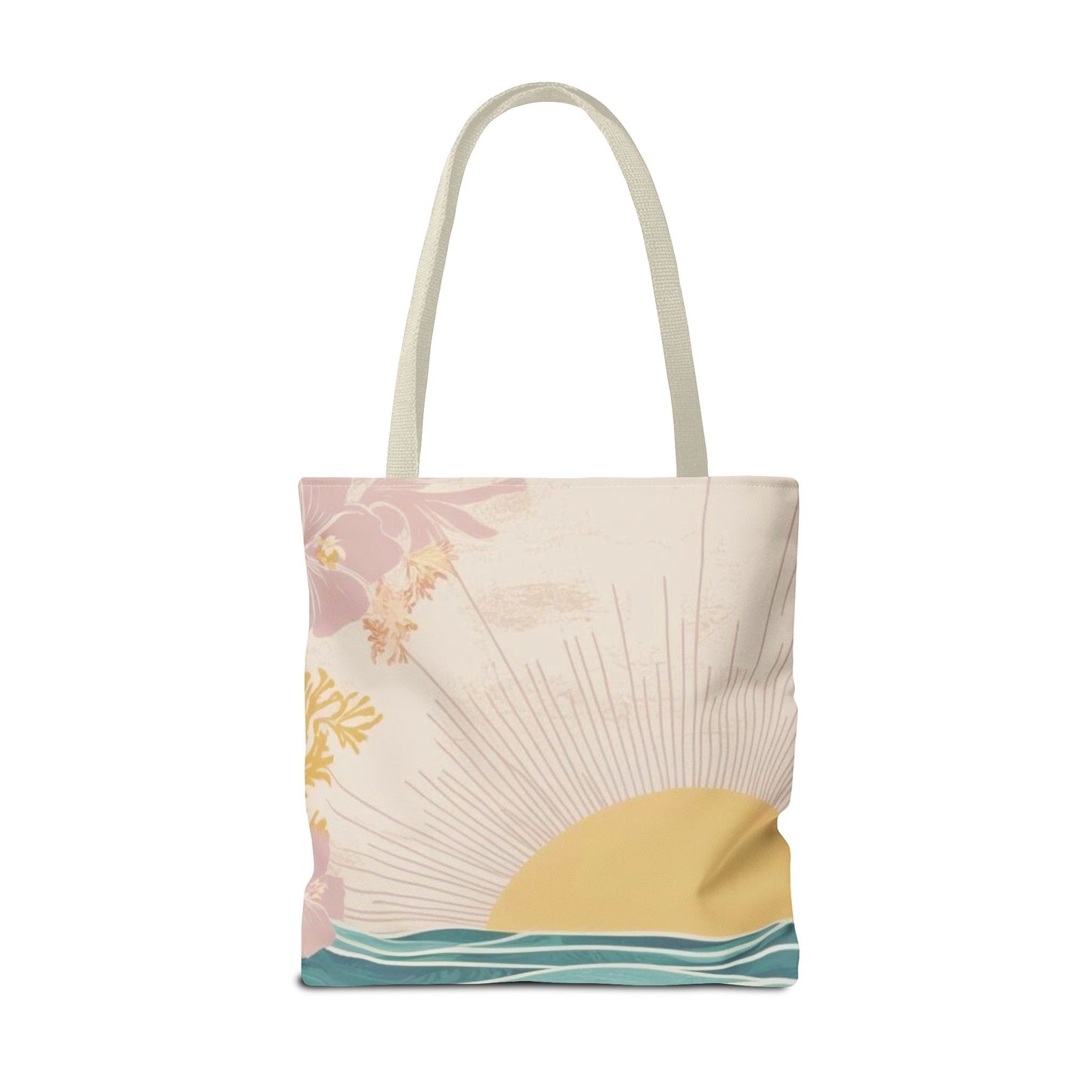 A canvas tote bag with a retro-style tropical sunset print, featuring a yellow sun, teal waves, pink orchids, and cream handles on a white background.
