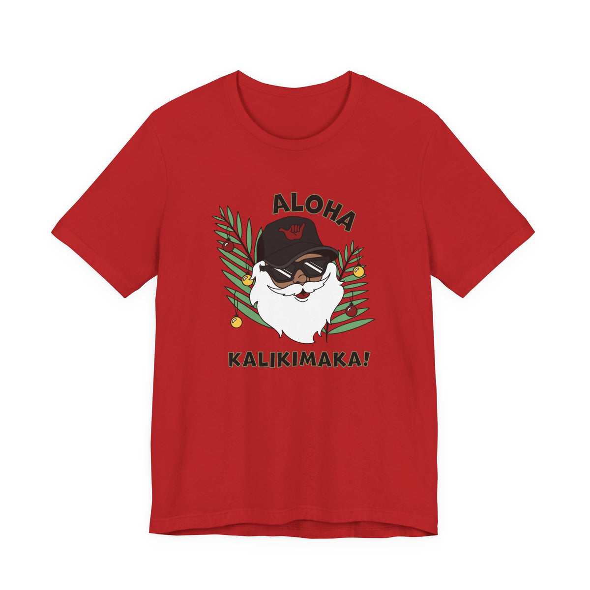 Red Santa Kalikimaka unisex T-shirt with hand-drawn Santa wearing sunglasses and throwing a shaka surrounded by tropical palm leaves.