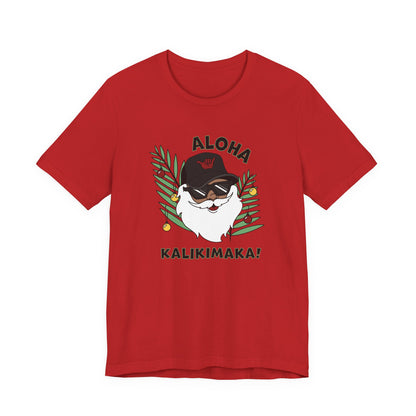 Red Santa Kalikimaka unisex T-shirt with hand-drawn Santa wearing sunglasses and throwing a shaka surrounded by tropical palm leaves.