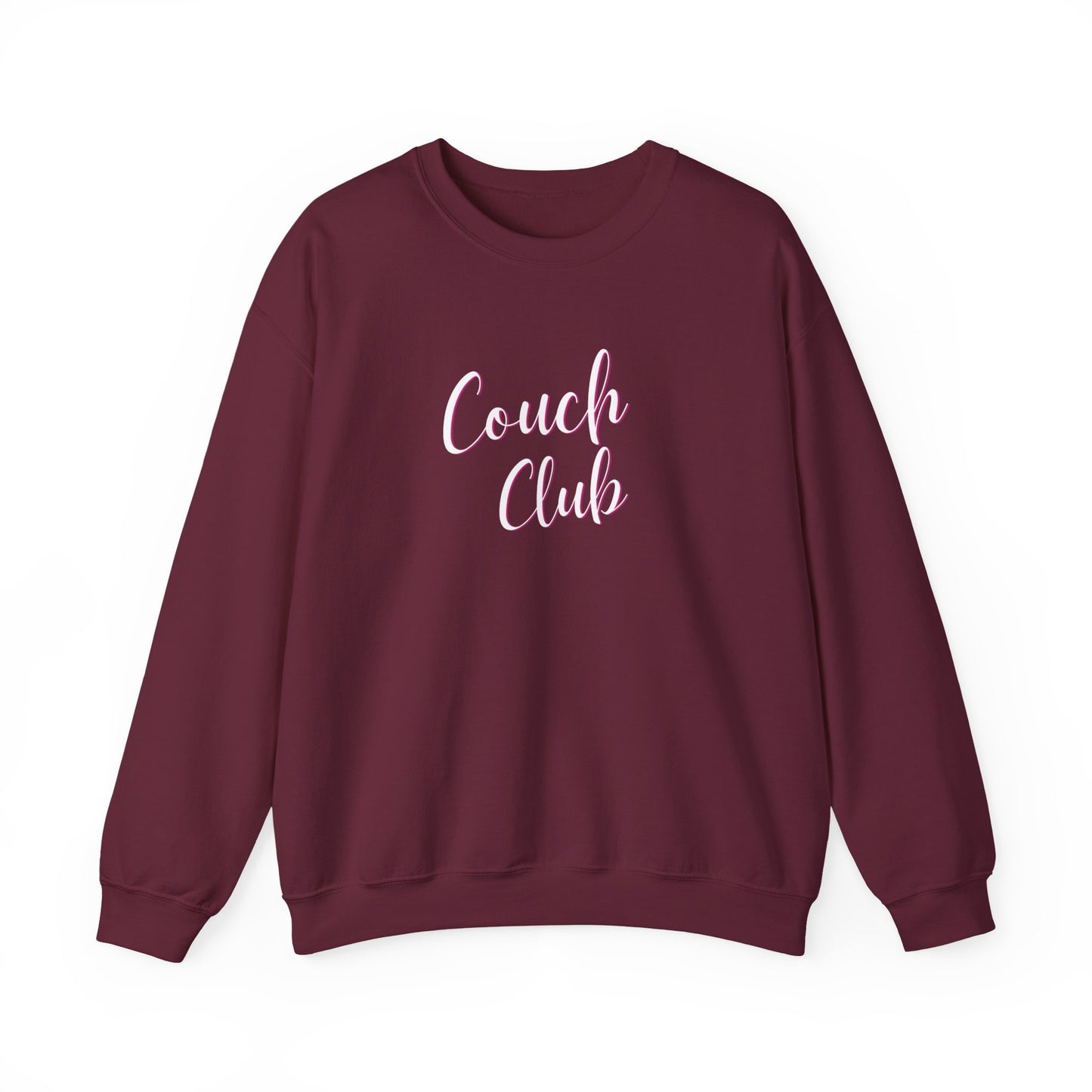 A maroon crewneck sweatshirt featuring the words 'Couch Club' printed in a light pink cursive font on the chest, displayed against a solid white background.