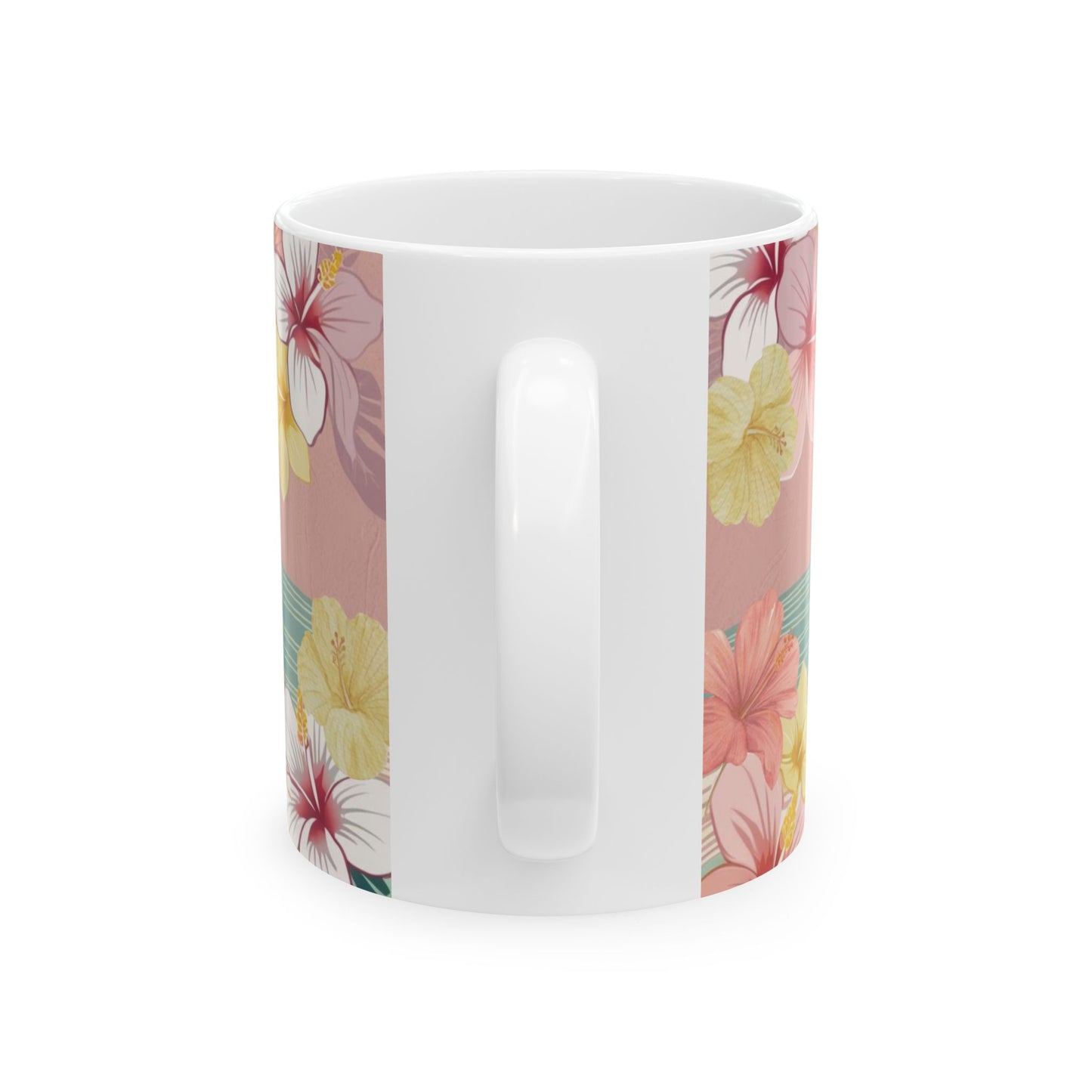 A white ceramic coffee mug featuring a vertical tropical floral print with pink, yellow, and red hibiscus flowers on a dusty pink background.
