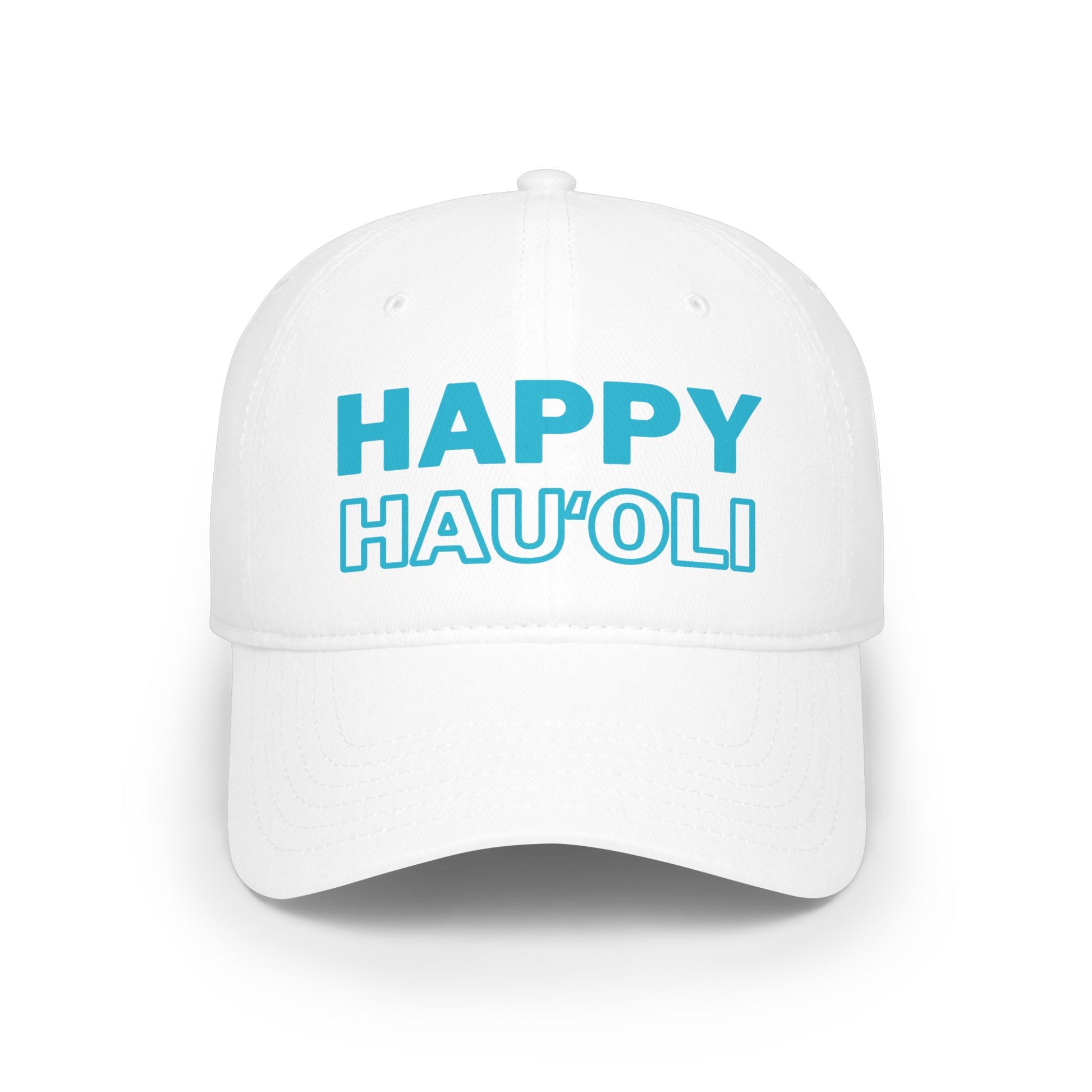 A white baseball cap featuring the text 'HAPPY HAU'OLI' printed on the front in a bright cyan-blue font, set against a clean white background.