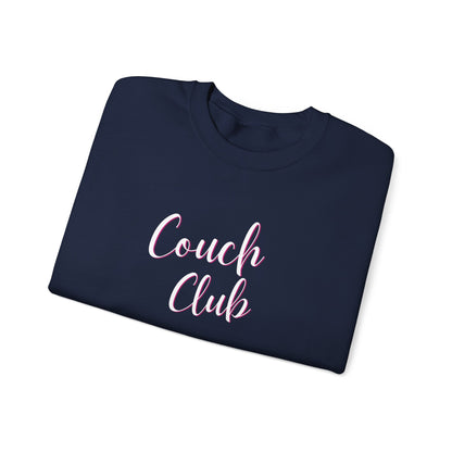 Folded navy sweatshirt with a graphic design text 'Couch Club' in script.