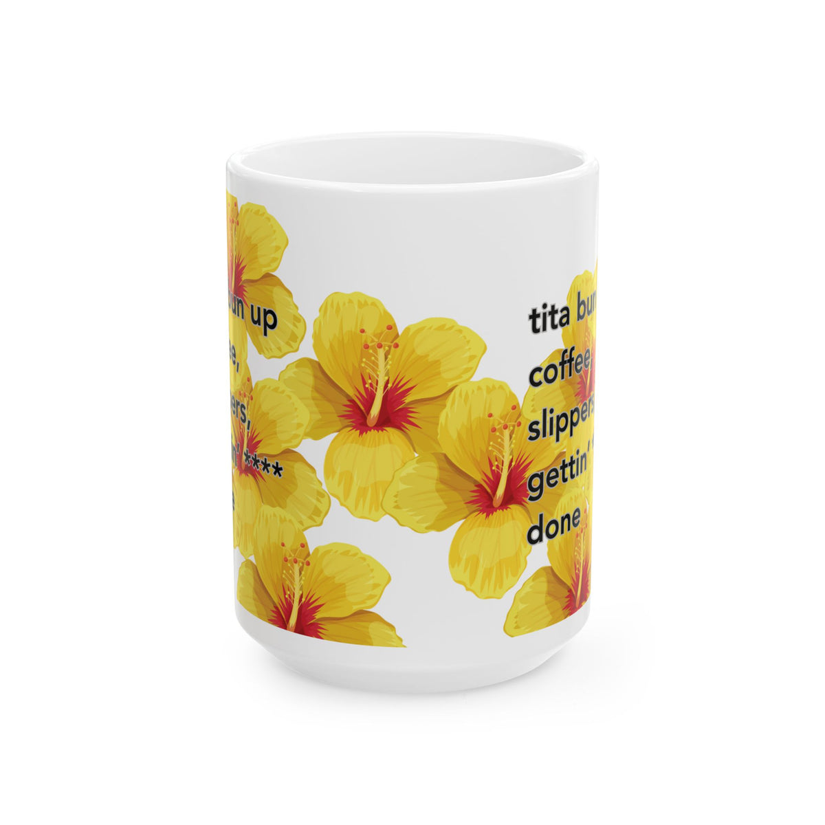 Tita Bun coffee mug with yellow hibiscus design by Global Village Kailua