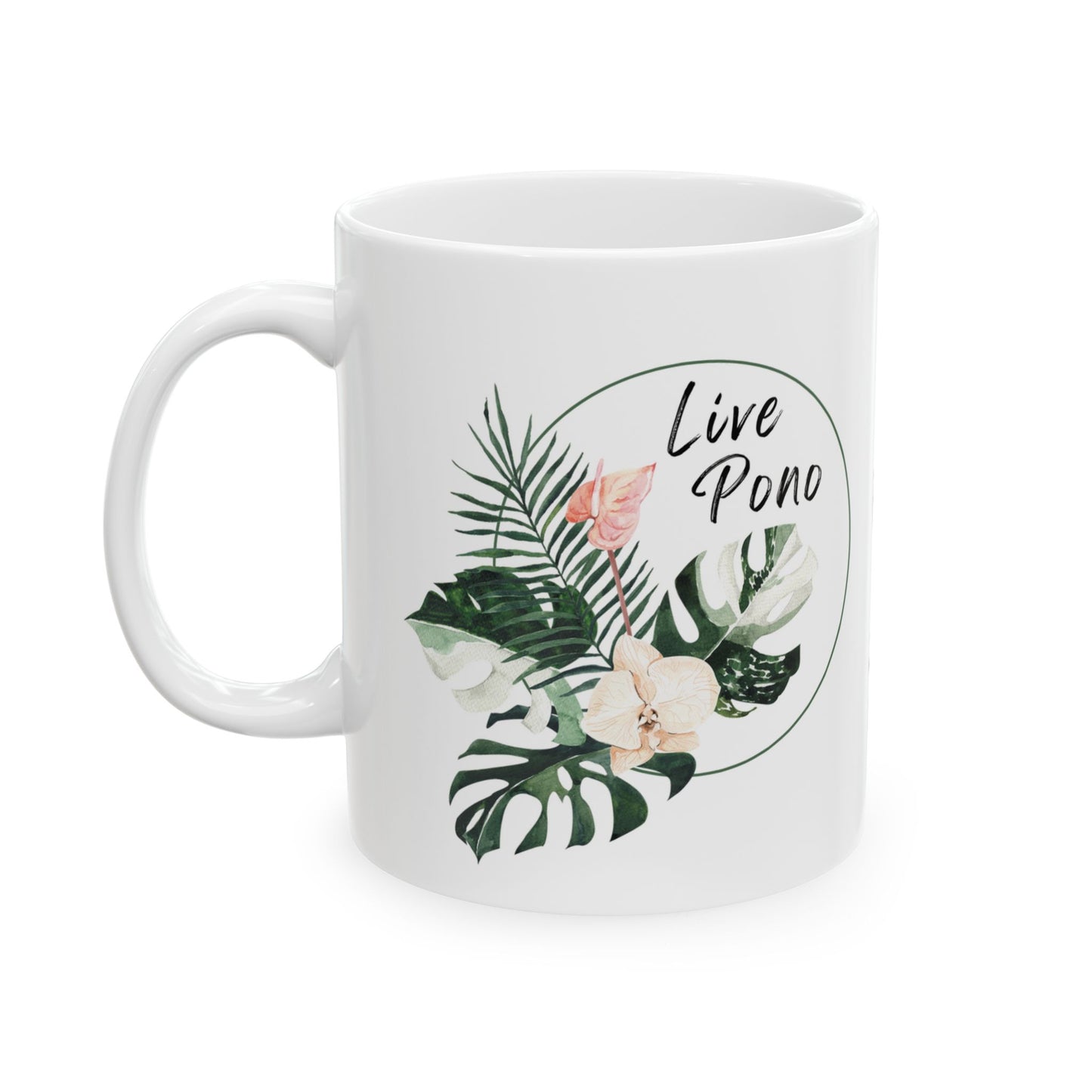 Live Pono tropical flowers ceramic coffee mug with colorful Hawaiʻi-inspired floral design
