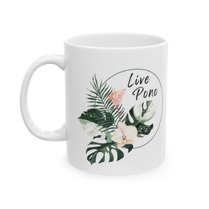 Live Pono tropical flowers ceramic coffee mug with colorful Hawaiʻi-inspired floral design