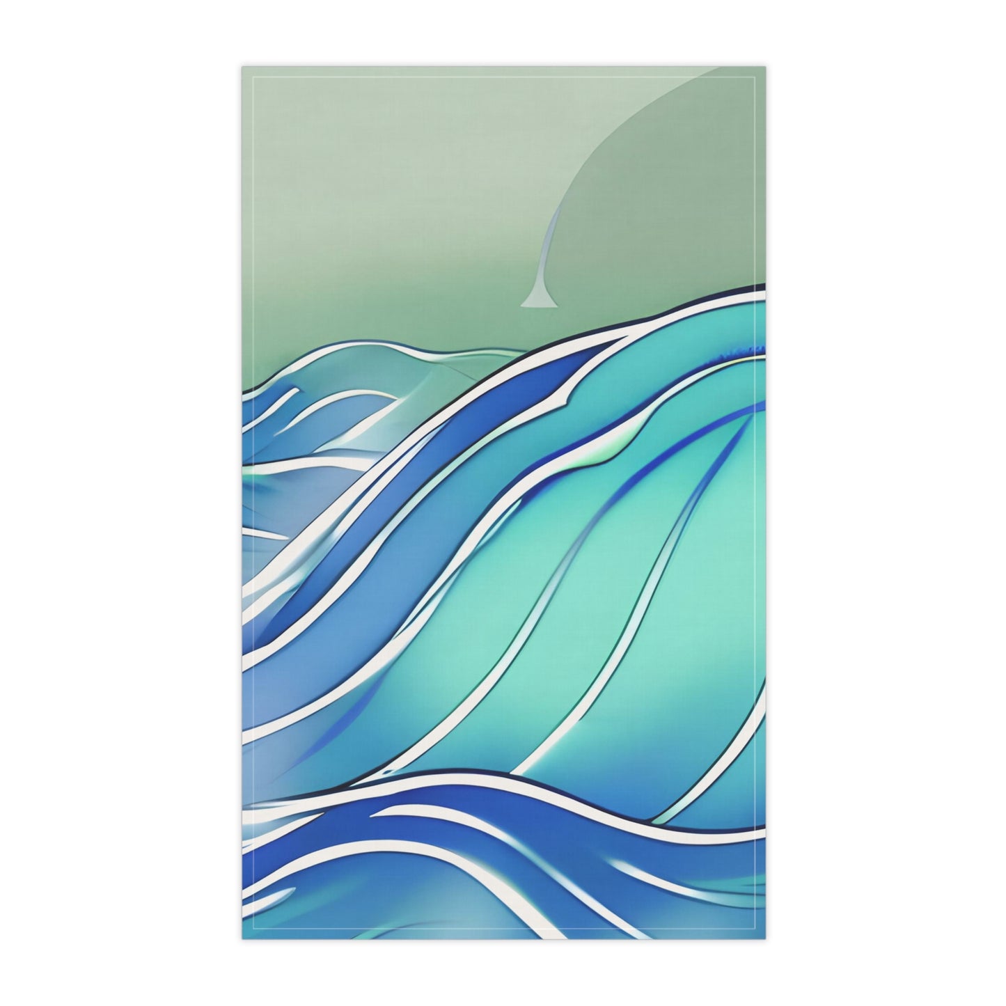 A vertical rectangular tea towel featuring stylized blue and teal ocean waves with a pale green sky and a large gray sun, shown on a white background.