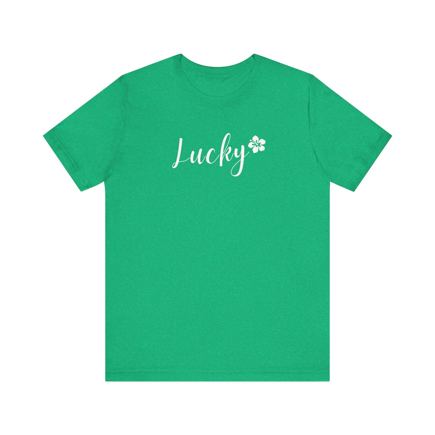 Green t-shirt with 'Lucky' and a clover leaf design on a white background
