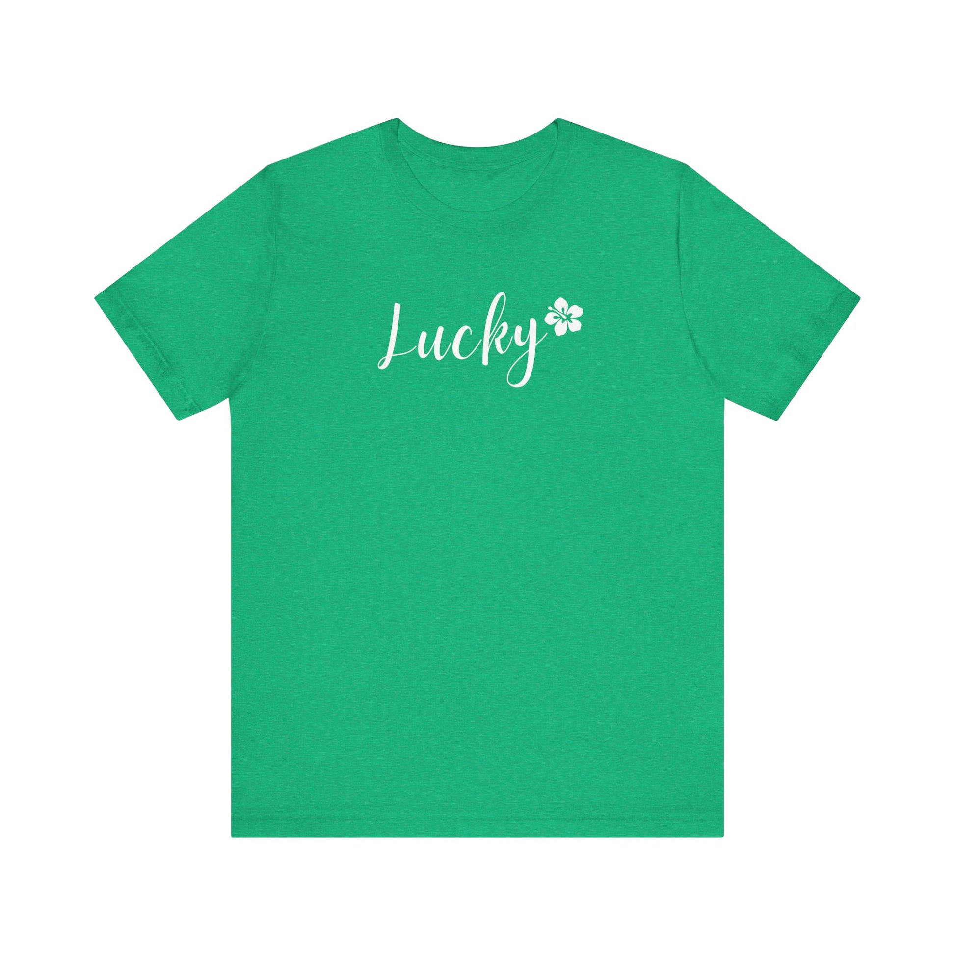 Green t-shirt with 'Lucky' and a clover leaf design on a white background