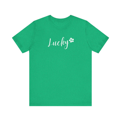 Green t-shirt with 'Lucky' and a clover leaf design on a white background