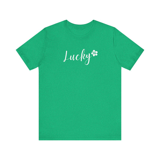 Green t-shirt with 'Lucky' and a clover leaf design on a white background
