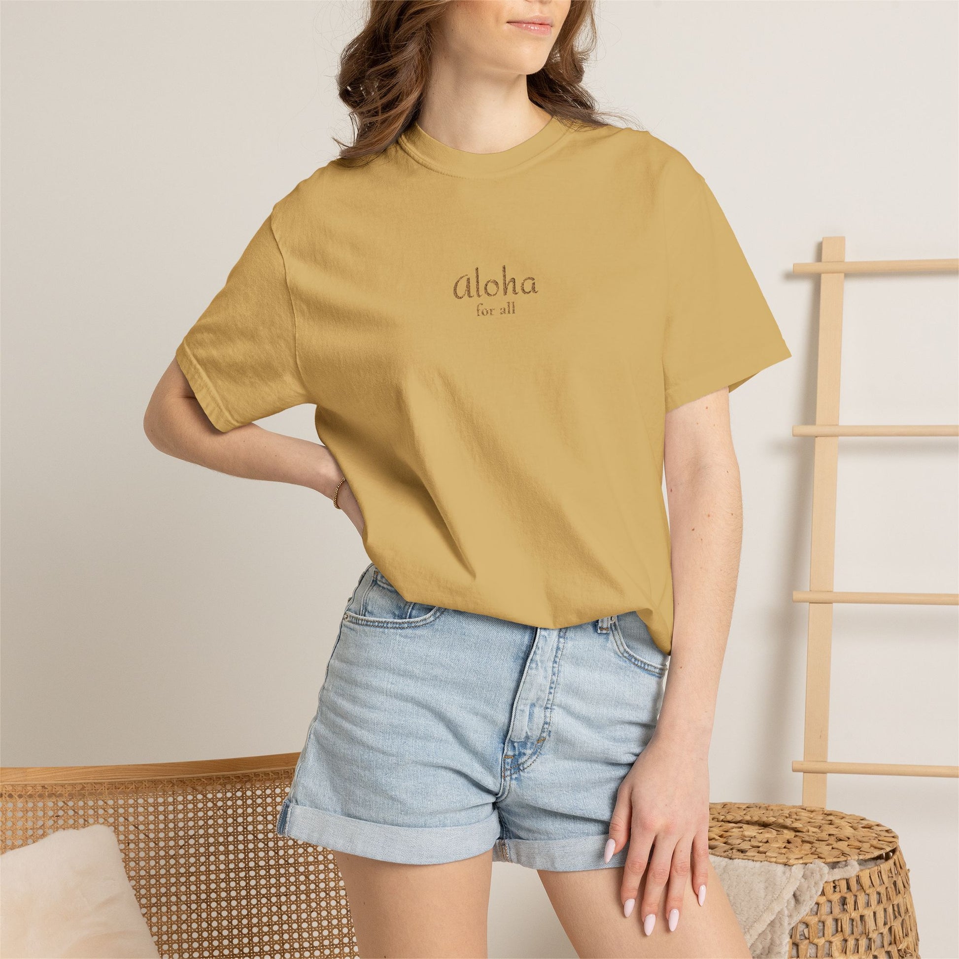 Aloha is for everyone. Our embroidered Comfort Colors tee features an original Aloha for All design on soft, garment-dyed cotton.