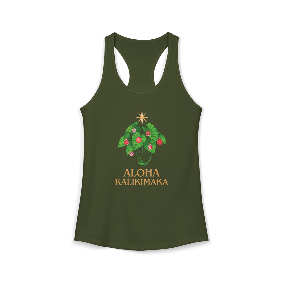 Military green women’s racerback Christmas tank featuring a festive kalo leaf Christmas tree and Aloha Kalikimaka design.