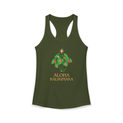 Military green women’s racerback Christmas tank featuring a festive kalo leaf Christmas tree and Aloha Kalikimaka design.
