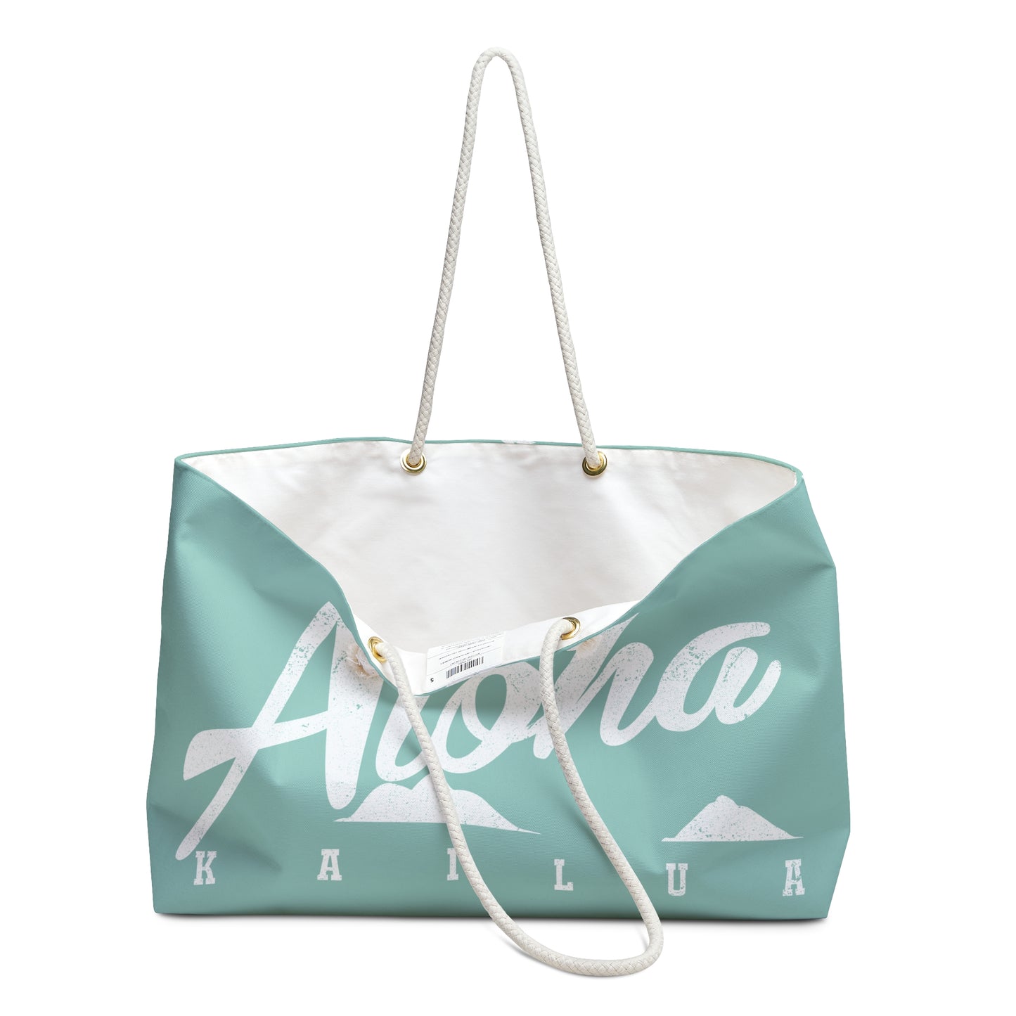 A mint green and white tote bag featuring the word 'Aloha' in white script with mountain graphics and the text 'KAILUA' underneath, complete with white rope handles.