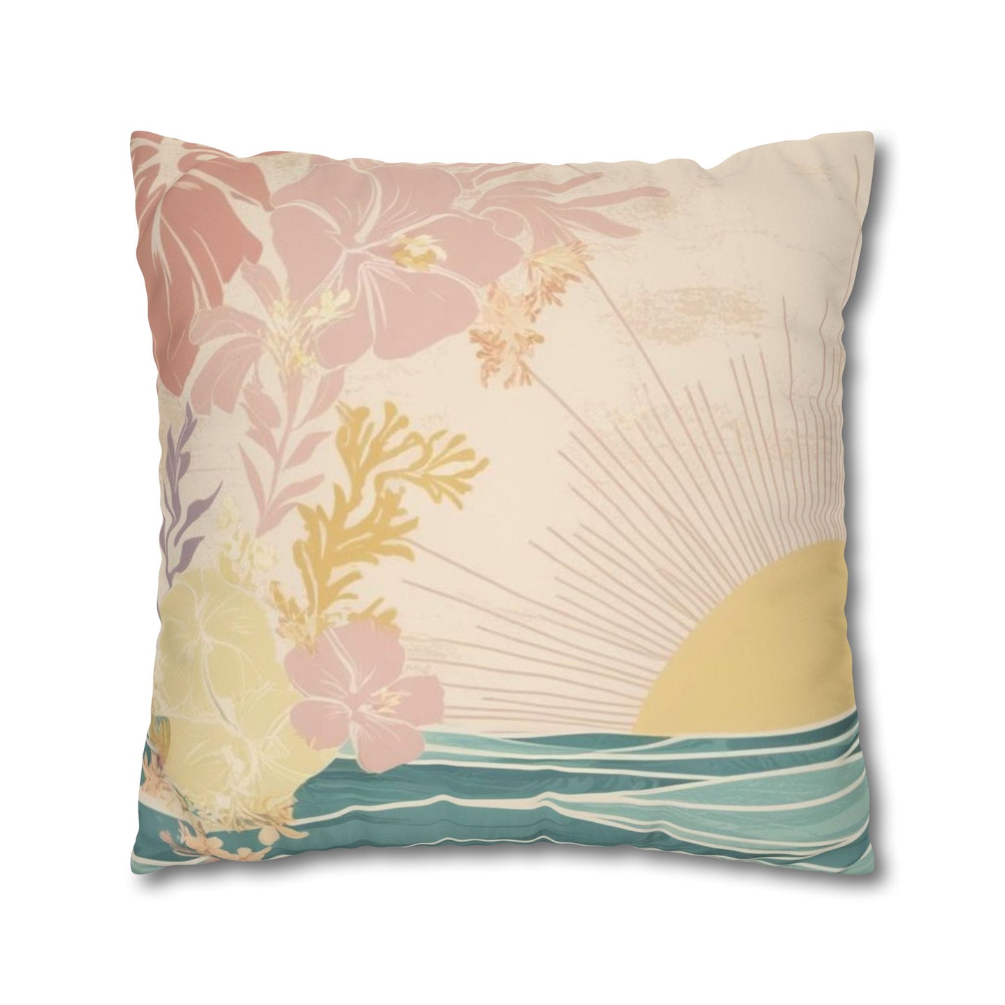 A square decorative throw pillow featuring a tropical beach scene print with pink hibiscus flowers, a yellow sun, teal ocean waves, and a cream background.