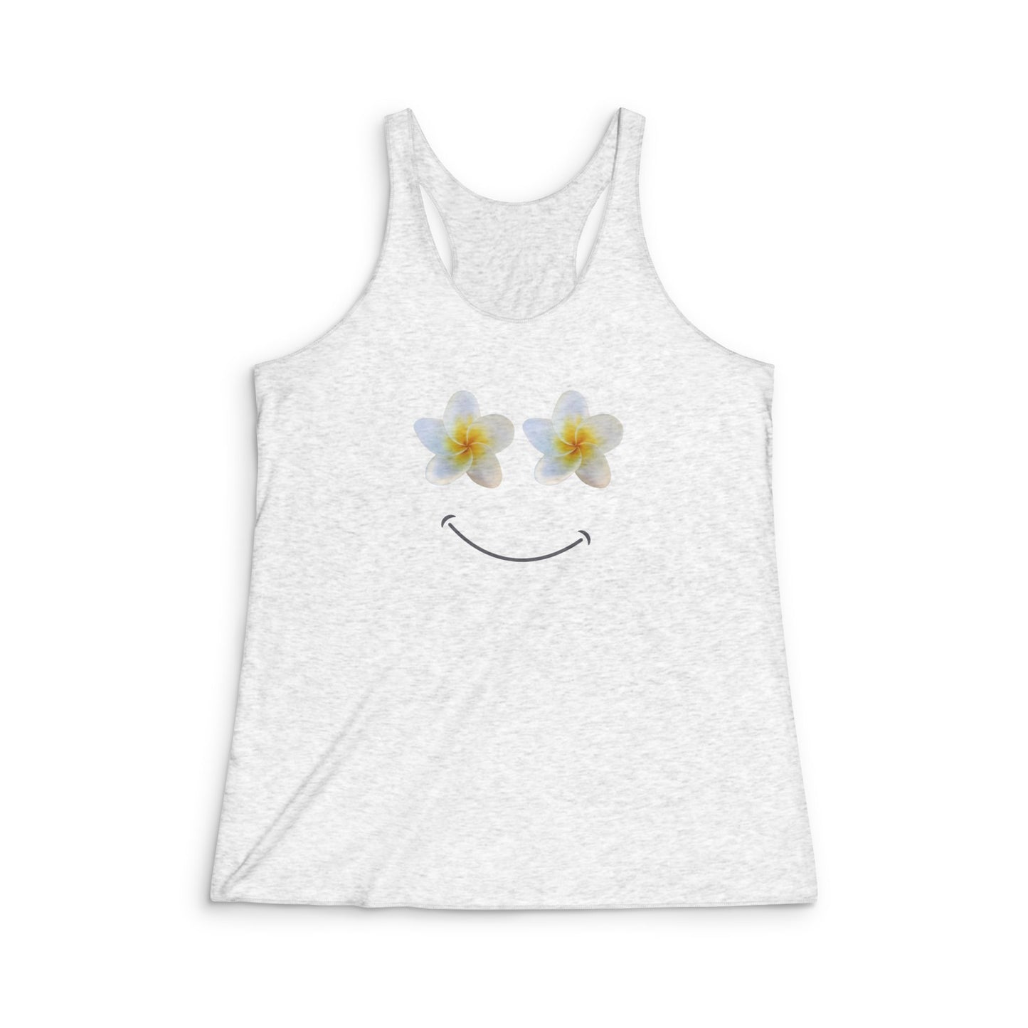 White tank top with plumeria flower happy face design on a white background