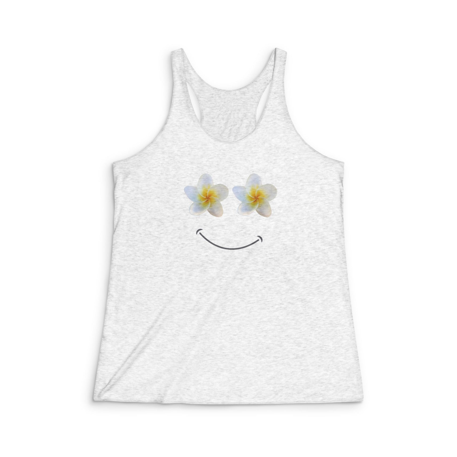 White tank top with plumeria flower happy face design on a white background