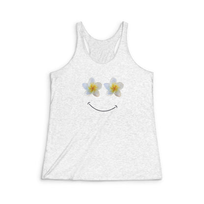 White tank top with plumeria flower happy face design on a white background