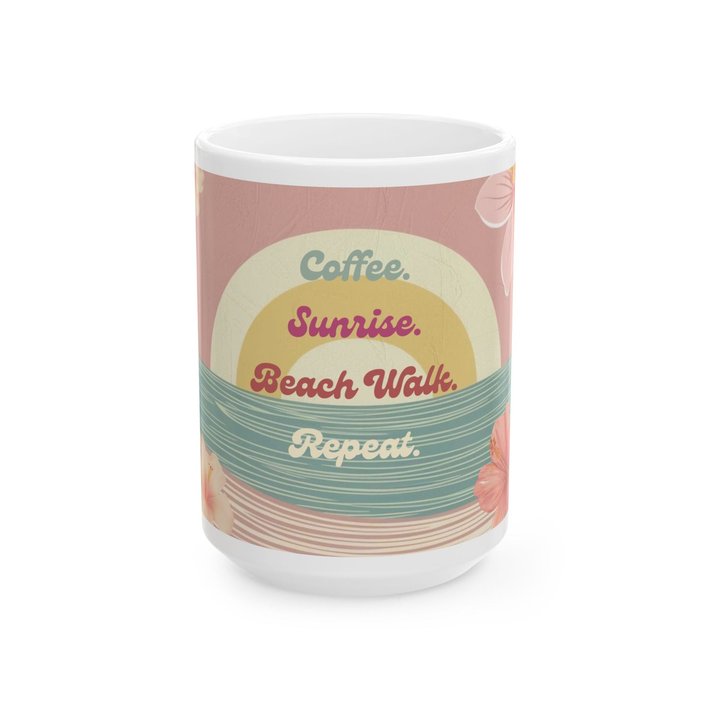 A white ceramic mug featuring a retro-style pink, yellow, and teal graphic with the text 'Coffee. Sunrise.