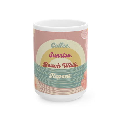 A white ceramic mug featuring a retro-style pink, yellow, and teal graphic with the text 'Coffee. Sunrise.
