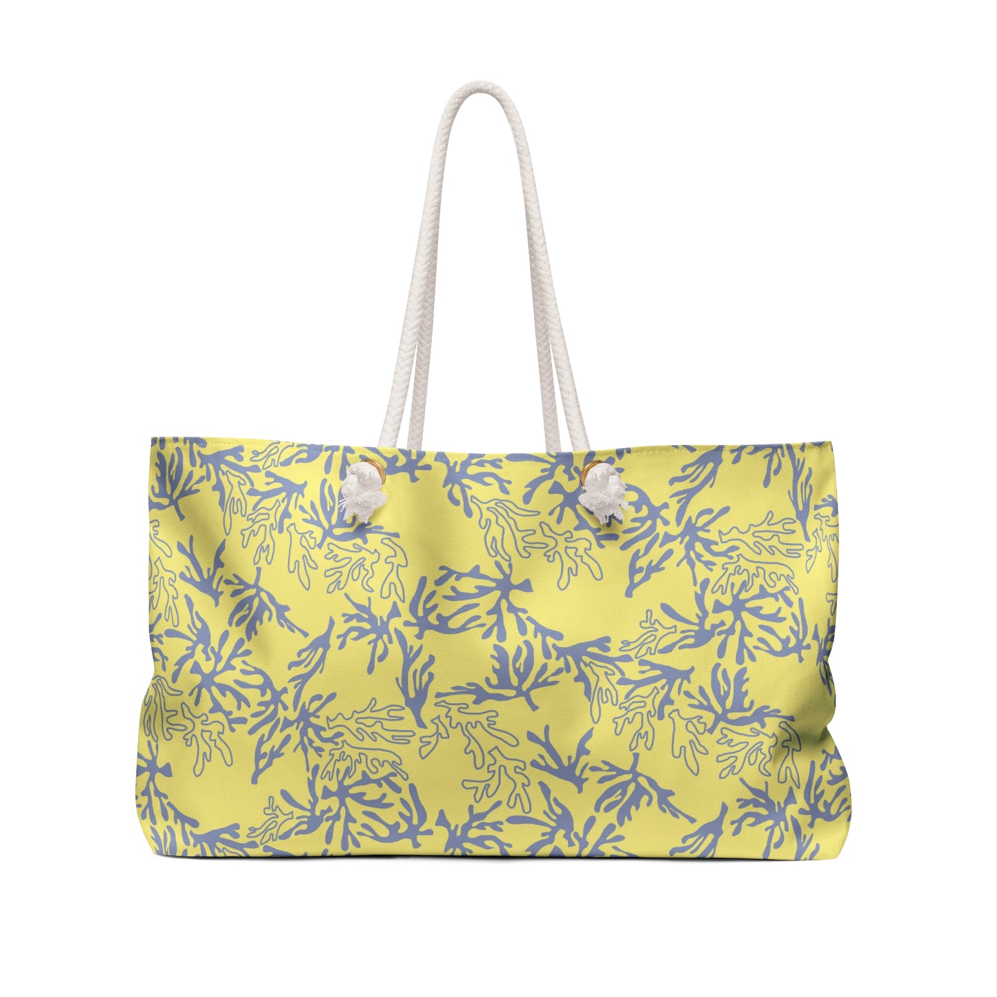 A yellow tote bag with a sea coral pattern and white rope handles, shown against a plain white background.