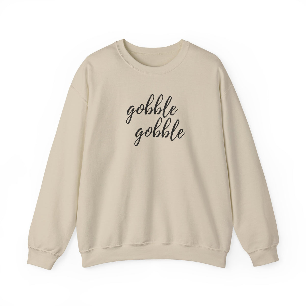 A beige crewneck sweatshirt with the words 'gobble gobble' printed in black cursive text across the chest, displayed on a clean white background.