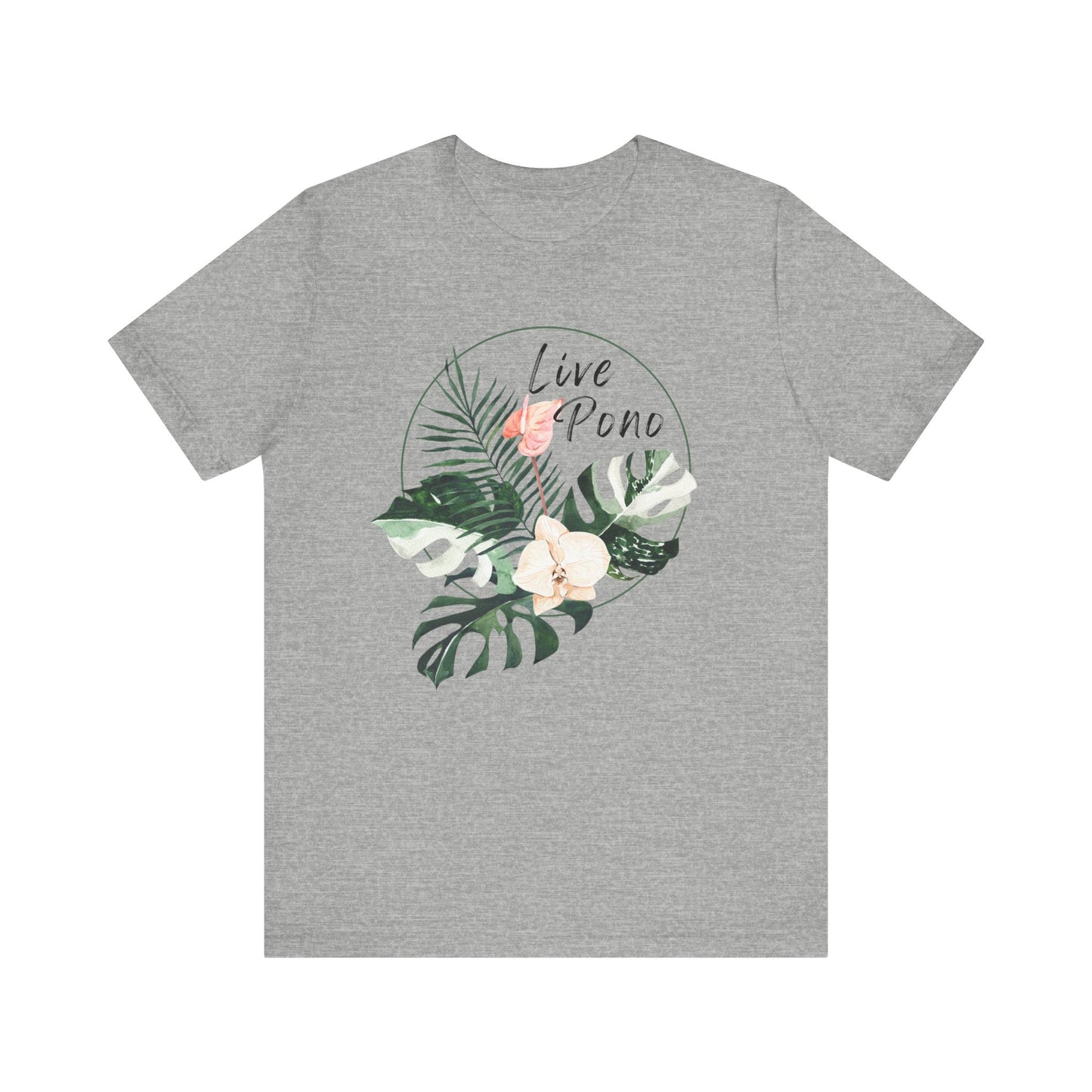 A heather gray short-sleeve crewneck t-shirt featuring a circular tropical graphic on the chest with green leaves, a pink flower, and a white orchid, with the words 'Live Pono' written in black script.