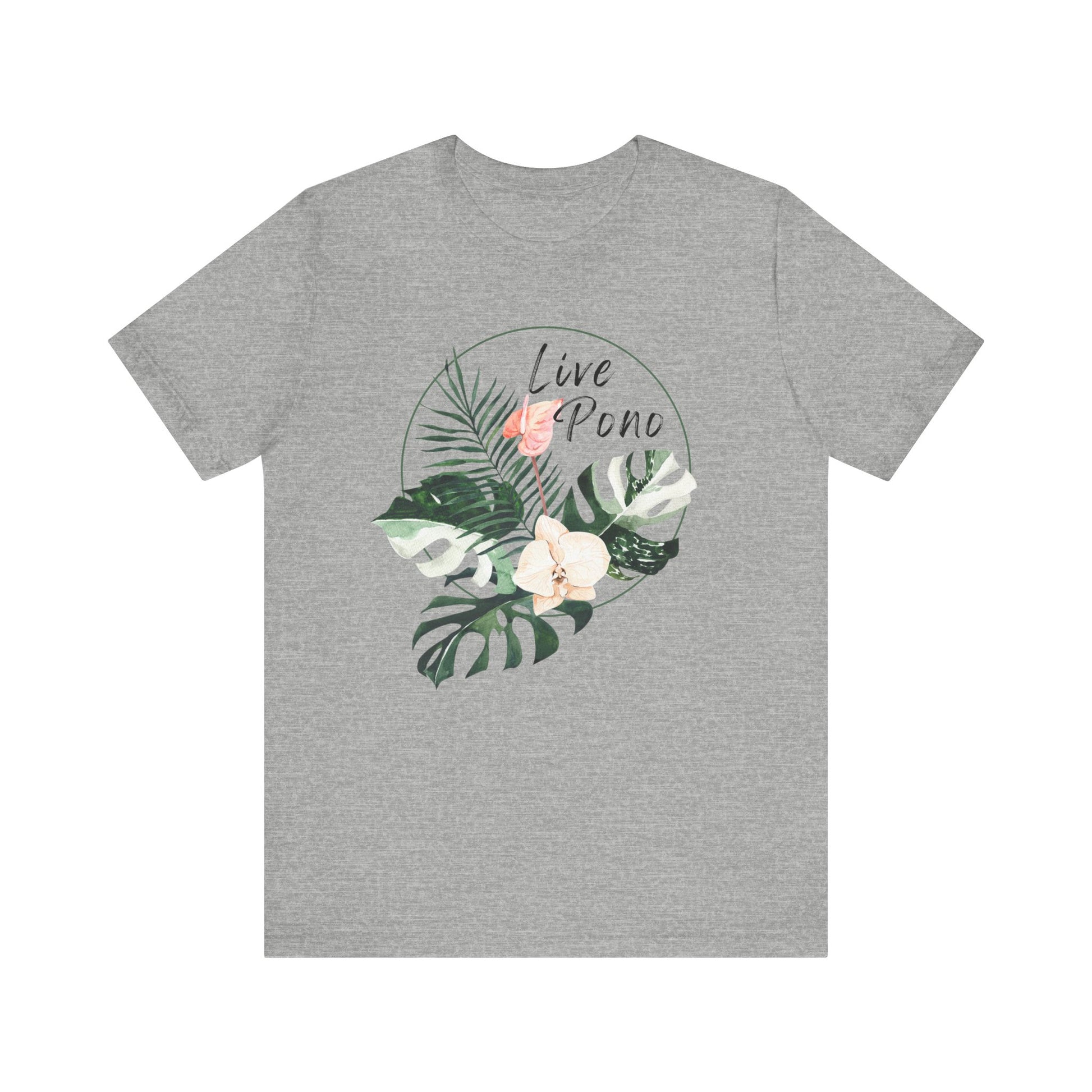 A heather gray short-sleeve crewneck t-shirt featuring a circular tropical graphic on the chest with green leaves, a pink flower, and a white orchid, with the words 'Live Pono' written in black script.