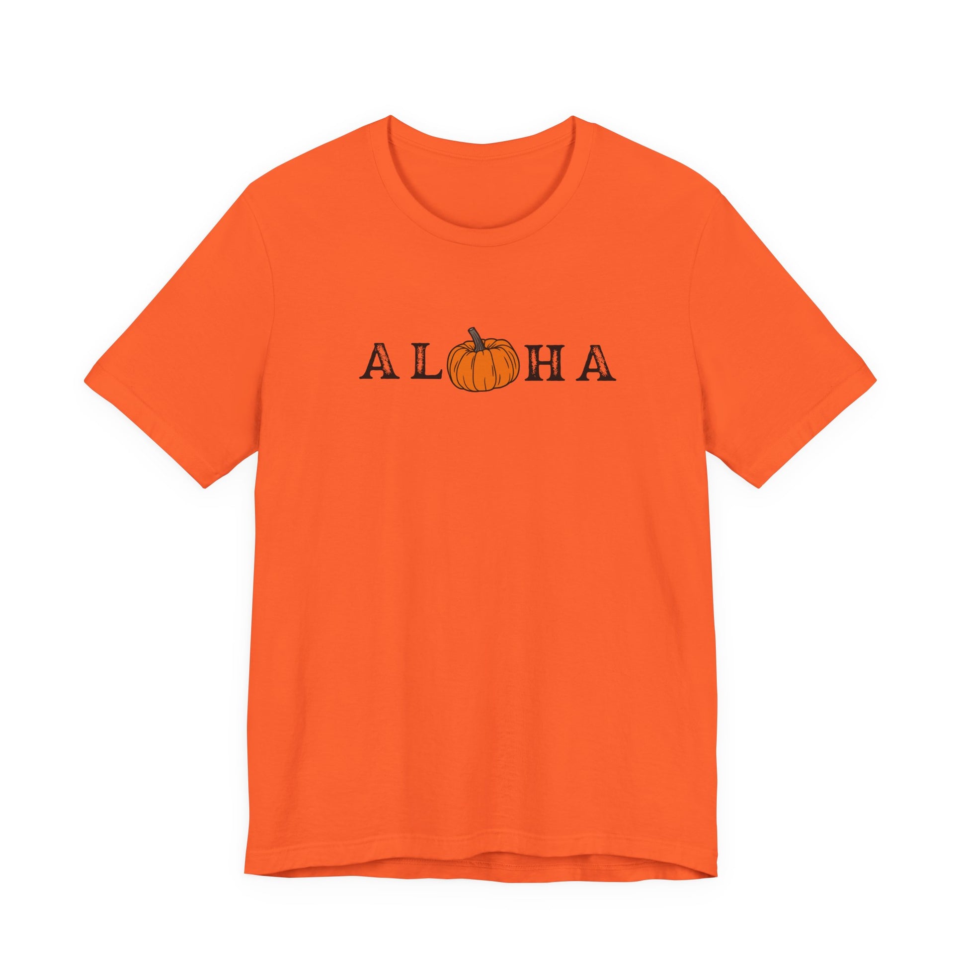 An orange short-sleeve crewneck t-shirt featuring the word 'ALOHA' printed across the chest in black letters, with the 'O' replaced by a small orange pumpkin graphic.