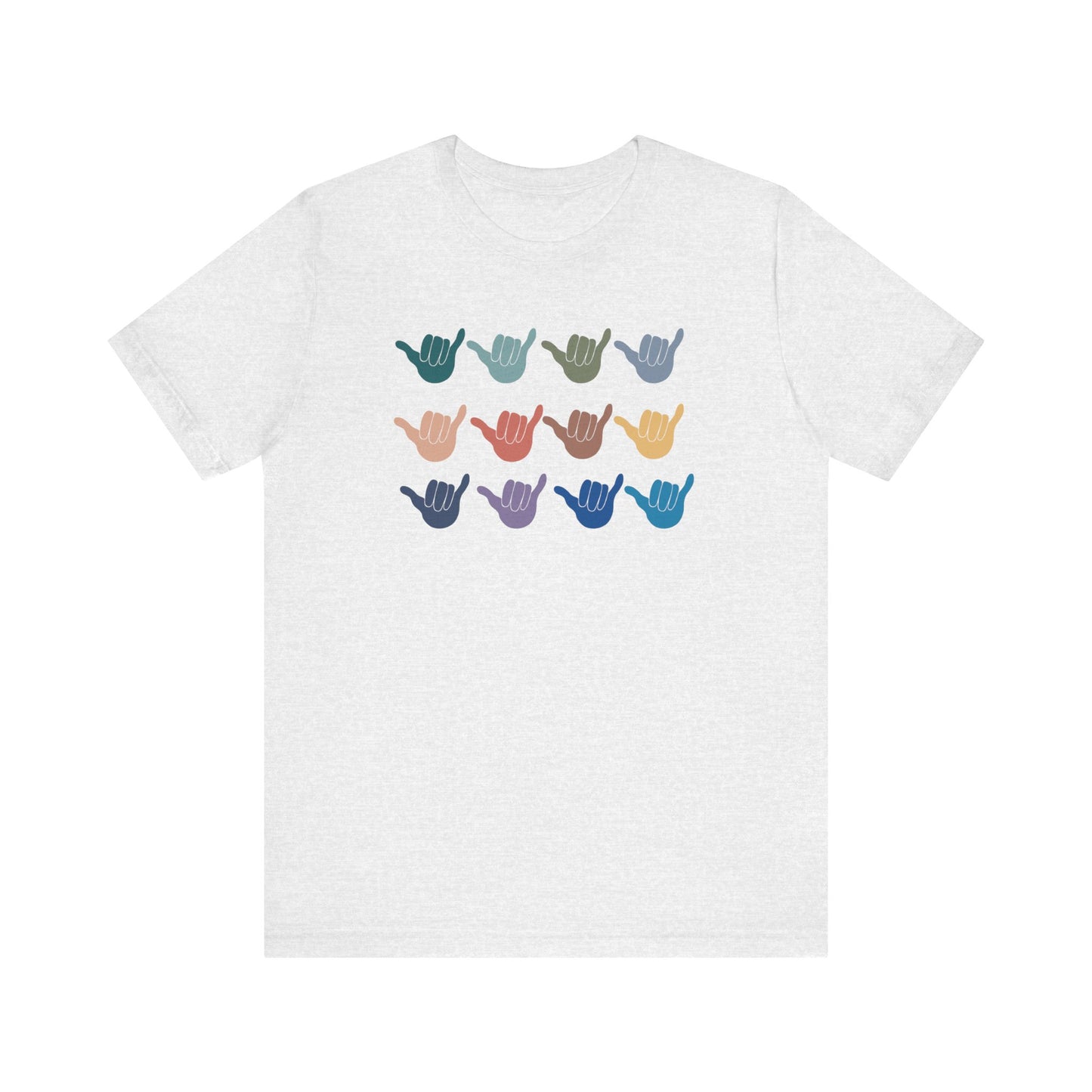 A white heather short-sleeve t-shirt with a graphic of nine shaka signs in various colors arranged in a 3x3 grid on the chest.