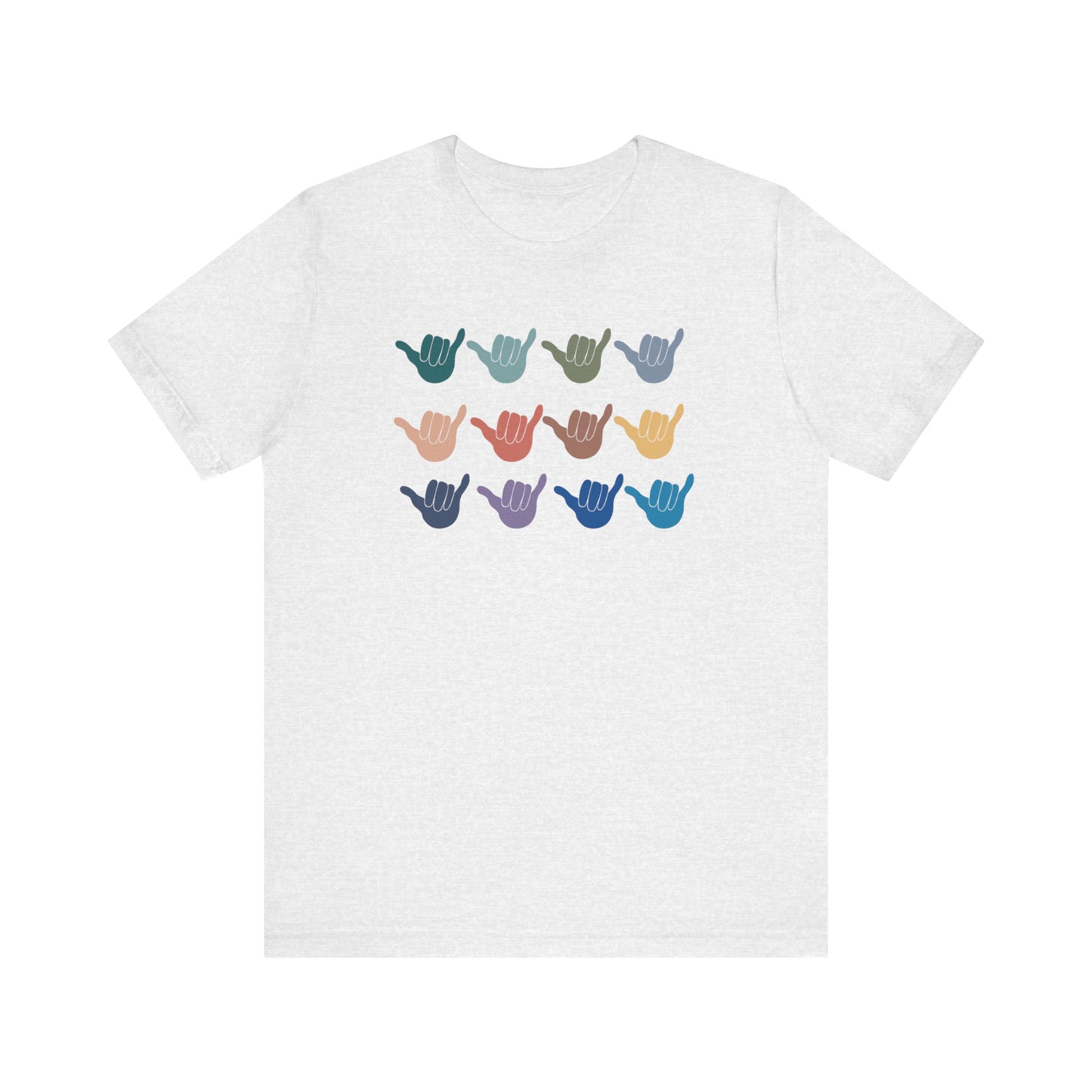A white heather short-sleeve t-shirt with a graphic of nine shaka signs in various colors arranged in a 3x3 grid on the chest.
