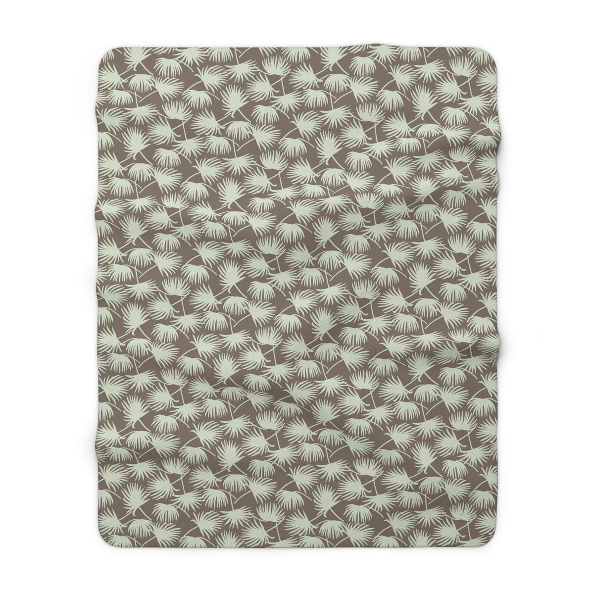 Fan Palm Mocha Mint sherpa fleece blanket with a repeating mint palm leaf pattern on a warm mocha background.