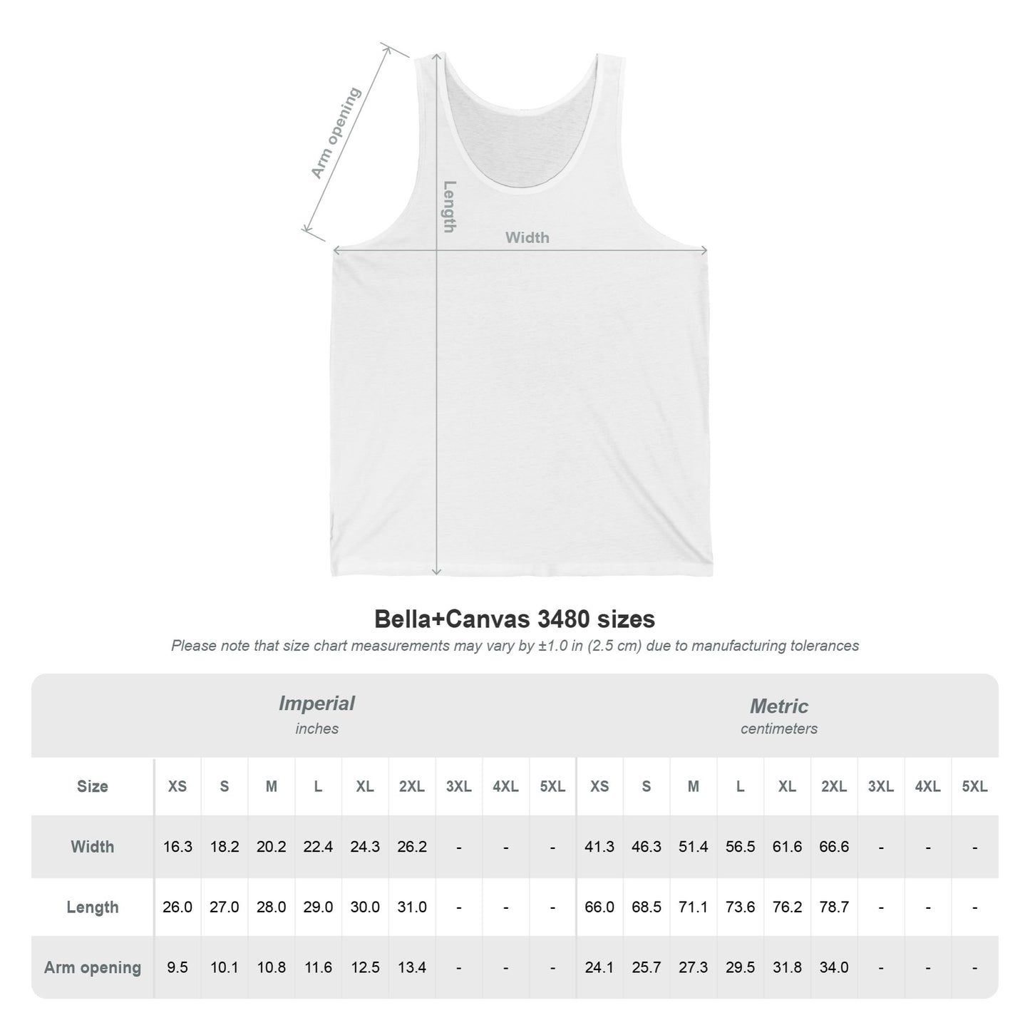 A white tank top size diagram labeled Bella+Canvas 3480 sizes, showing front measurements for length and width with a size chart table below on a light gray background.