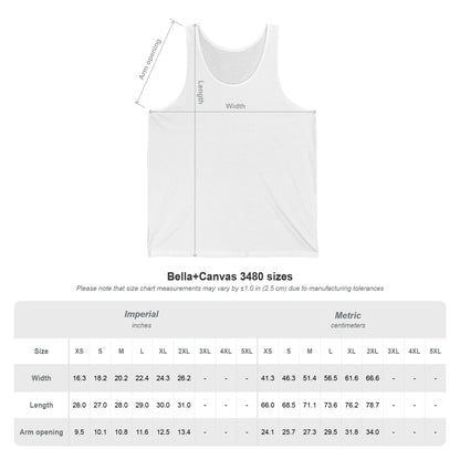 A white tank top size diagram labeled Bella+Canvas 3480 sizes, showing front measurements for length and width with a size chart table below on a light gray background.