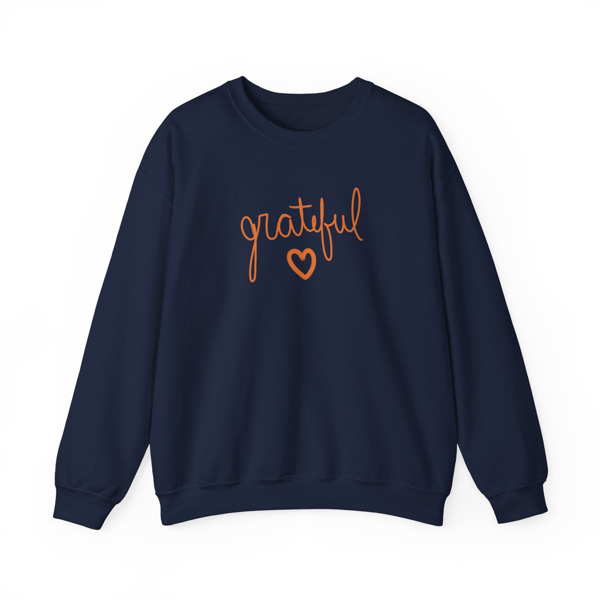 A navy crewneck sweatshirt featuring the word 'grateful' in orange cursive script and a matching orange heart outline on the chest, displayed against a solid white background.