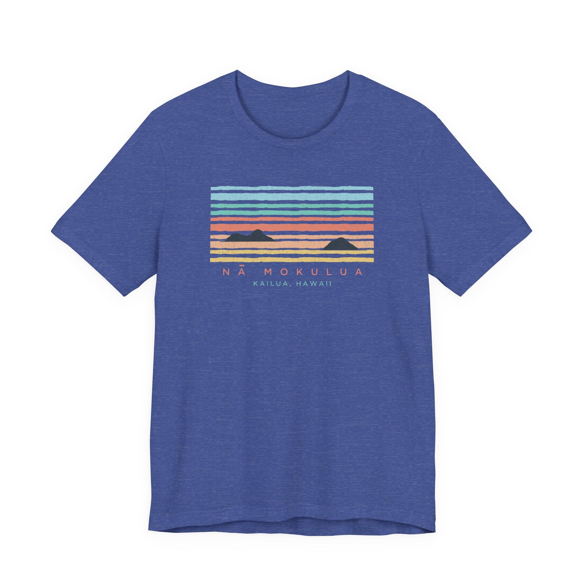 A heathered blue short-sleeve t-shirt with a retro sunset graphic on the chest featuring the text 'NA MOKULUA KAILUA, HAWAII'.