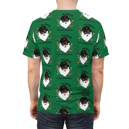 Green Aloha Kalikimaka Hawaiian Christmas tee with all-over Santa, tropical leaves and holiday ornament print